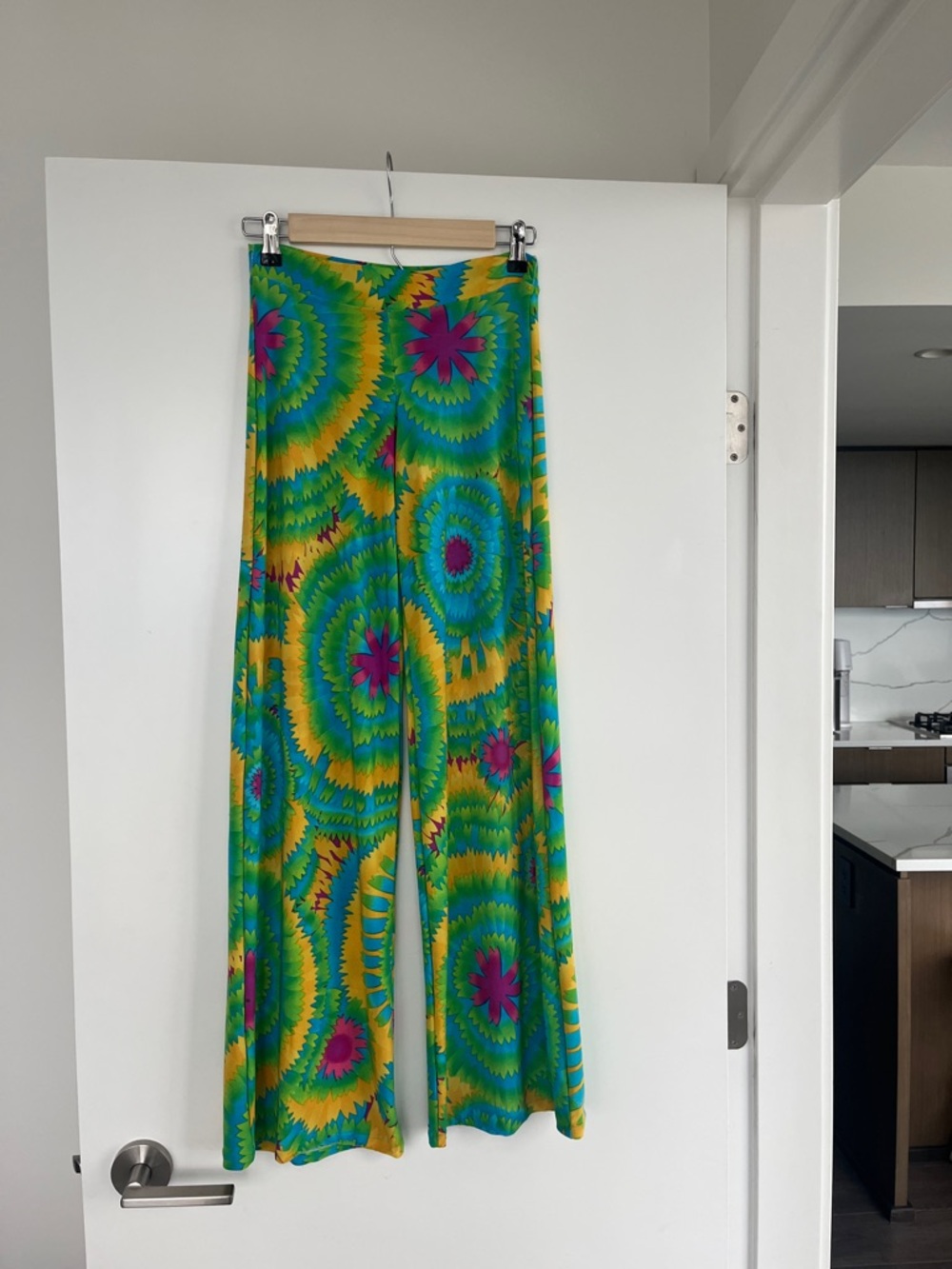 Green Yellow Blue Tie-Dye Wide-Leg Jumpsuit Pants